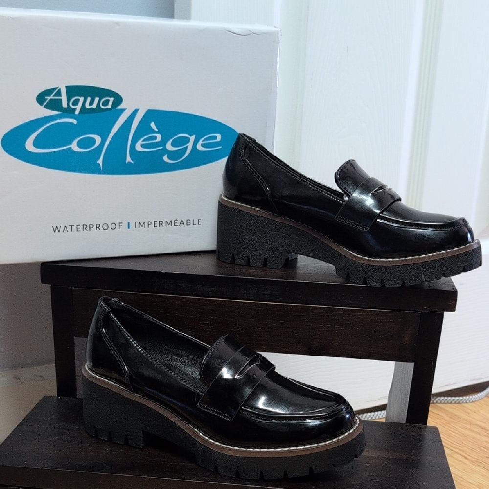 Aqua College Daria Leather Echo Box Waterproof Black Patent Penny Loafers Sz 7M